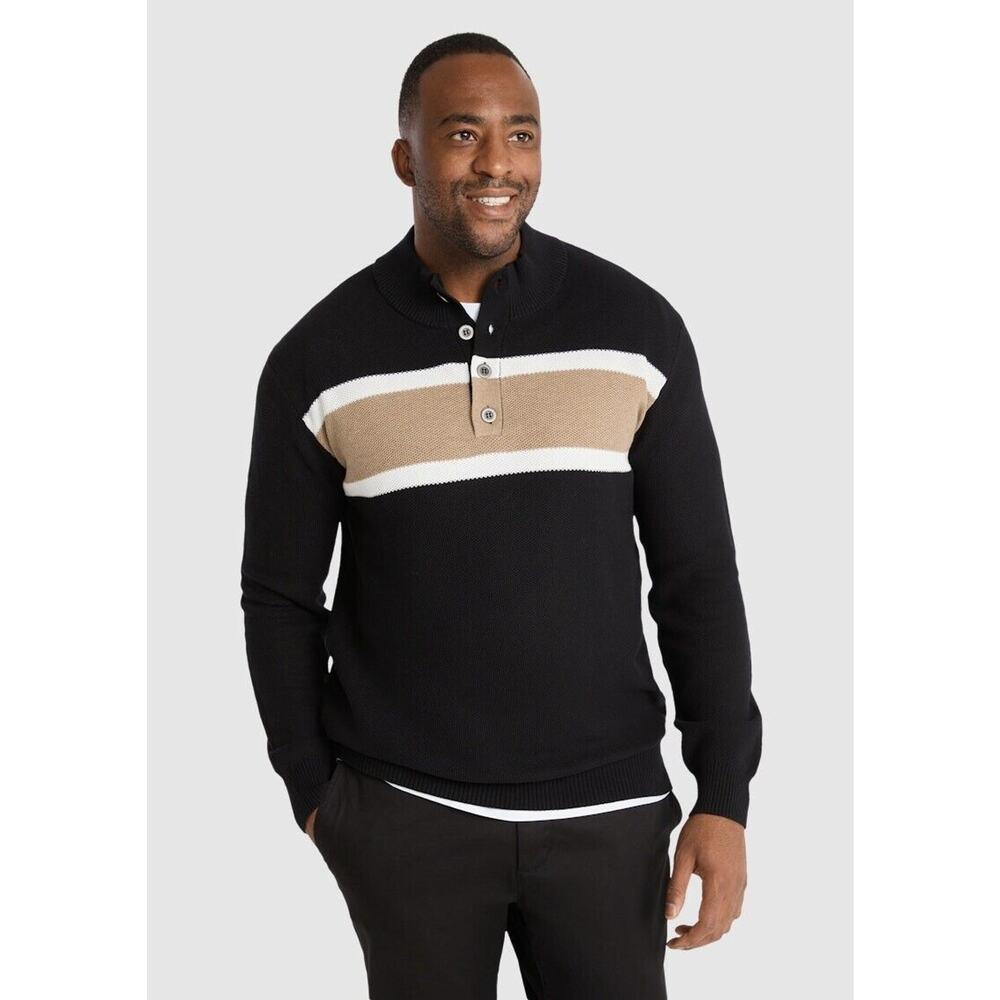 Johnny Bigg Sweater Men's 3XL Black 100% Cotton Keating Stripe Henley Mock B63